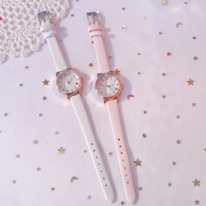 Cute girls quartz watch set with cat ear design in white and pink on starry background