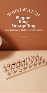 Macro view of solid wood ring display tray with 21 cone-shaped holders on rectangular base