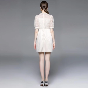 Elegant white lace and satin patchwork dress with short sleeves for women, back view
