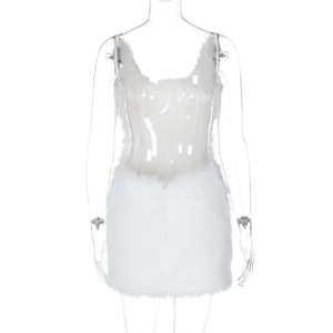 Close-up detail of white faux fur texture and cut-out design on the sexy bodycon dress