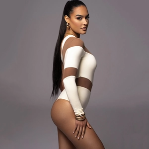 Chic white high-elastic long sleeve bodysuit with sheer mesh panels and cut-out details