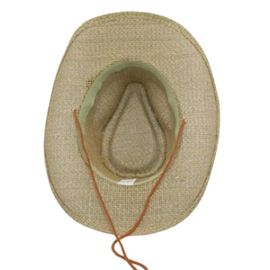 Detail view of woven straw cowboy hat featuring an orange chin cord and inner sweatband