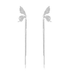 Elegant silver butterfly wing long tassel earrings with metallic texture for women
