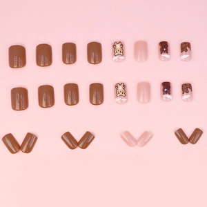24pcs Maillard brown press-on nails with cute bear and cloud patterns in glossy finish