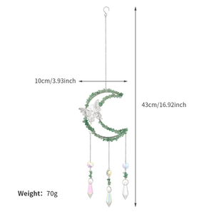10cm moon and butterfly suncatcher with green natural crystals and prism pendant