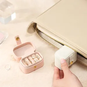 Mini portable PU leather travel jewelry organizer case with snap closure and ring slots