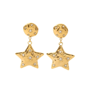 Elegant gold star drop earrings with sparkling rhinestones in polished titanium steel