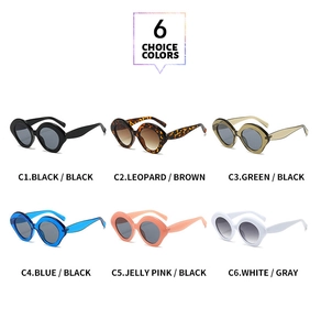 Collection of oval sunglasses in six colors including black, leopard, and pastel tones