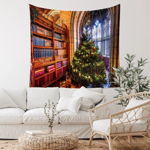 Detail view of a bohemian Christmas tapestry featuring a vintage library and decorated tree