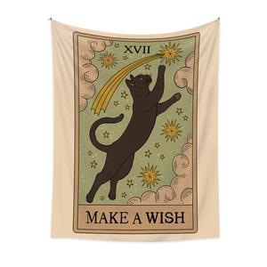 Bohemian tarot tapestry featuring a black cat and shooting star with Make a Wish text