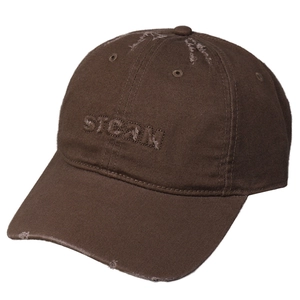 Distressed dark brown cotton baseball cap with STCAN embroidery and vintage frayed brim