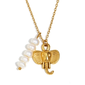 18K gold plated elephant pendant necklace with white pearl on a clean white background