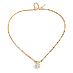 Classic 18K gold-plated stainless steel box chain necklace with a round zircon pendant