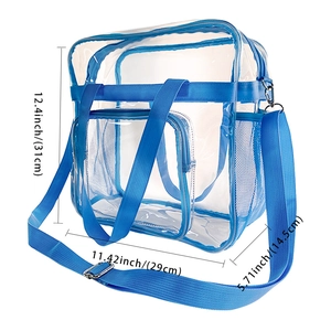 Detailansicht der transparenten PVC-Tasche mit blauem Rand und Maßangaben
