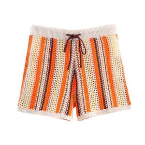 Ensemble polo et short en maille au crochet à rayures orange avec cordon de serrage