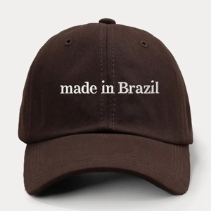 Dark brown baseball cap with white Made in Brazil embroidery and adjustable strap