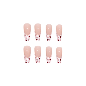 Unghie finte french lunghe a ballerina con motivi a cuore rosa e rosso vibrante