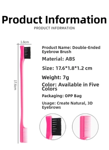 Detailed specs of pink double-headed eyebrow brush with 17.6cm length and ABS handle