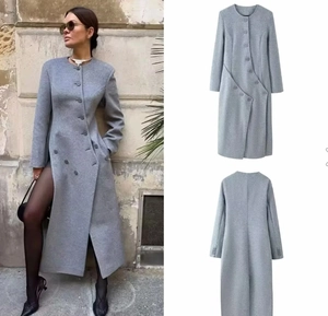 Detailed view of grey wool blend coat featuring stand collar and multi-button closure