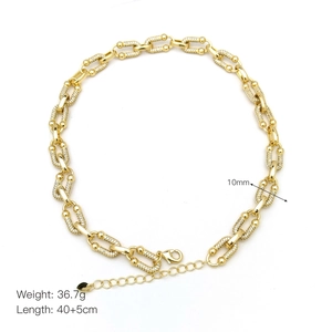 Detail of 10mm wide gold chunky chain necklace with pavé zircon crystals and dimensions