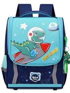 Waterproof children's backpack with blue space dinosaur theme and plush dinosaur toy