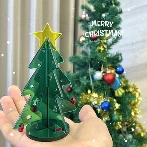 Mini green acrylic Christmas tree desktop ornament with yellow star and round base