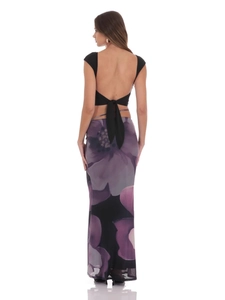 Women's backless black top and floral mesh skirt set with elegant waist tie detail