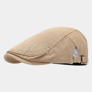 Retro embroidered khaki flat cap with adjustable metal buckle and short brim for unisex wear