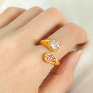 18k gold plated stainless steel open ring with teardrop pink and clear zircons