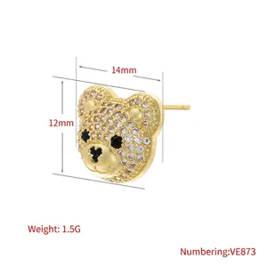 Hip hop style gold bear stud earrings with crystal rhinestones dimensions 14mm by 12mm