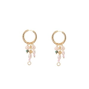 Baroque style gold hoop earrings with white natural pearls and pink beads for women