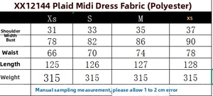 Size chart detail for French style plaid sleeveless midi dress with waist measurements