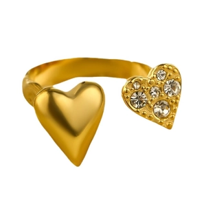 Adjustable golden stainless steel ring featuring dual polished and zircon heart motifs