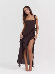 Sexy dark brown square neck camisole maxi dress with ruffle trim and high side slit detail