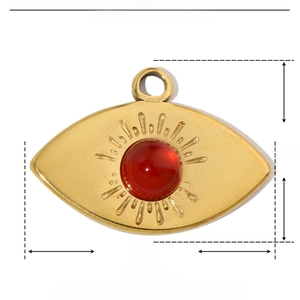 Detailed view of gold sun eye pendant with red natural stone and 20mm width size specs