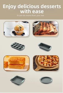 Detail showing non-stick silicone baking molds with heat-resistant teal handles in various shapes
