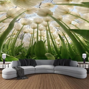 Detailed view of white tulip forest wall tapestry in a modern living room setting