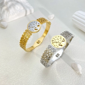 Titanium steel tree of life watch style bracelet with gold and silver bicolor finish