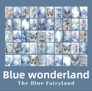 Detailed grid of 45 vintage blue wonderland scrapbook stickers with fairy tale motifs