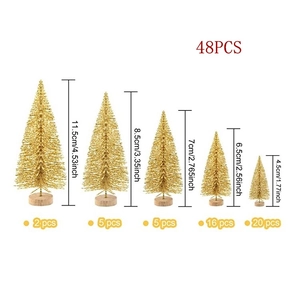 Macro view of 48pcs golden mini Christmas trees set with size chart and wooden bases
