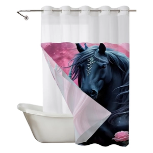 Double layer waffle shower curtain featuring a black unicorn and pink rose art design