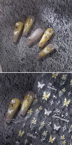 Detail of yellow lily nail stickers with butterfly motifs and 3D pearl accents