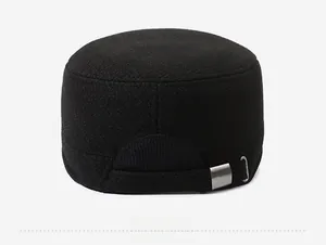 Rear view of black flat top military cap with adjustable silver metal buckle and strap