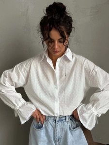 Women Cotton Blouse Long Sleeve Swiss Dot Textured Lapel Single Breasted Shirt Elegant Lace Ruffle Cuff White