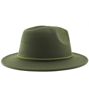 Detailed view of dark green fedora hat featuring woven rope band and suede-like finish