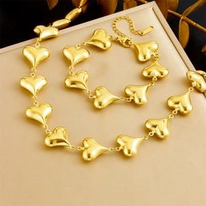 Stainless Steel Heart Link Necklace And Bracelet Glossy Adjustable Minimalist Jewelry For Women Girls