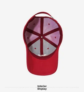 Vue détaillée de l'intérieur d'une casquette rouge montrant les coutures et la doublure