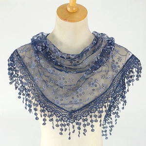 Navy blue floral lace shawl with delicate mesh embroidery and decorative crochet fringes