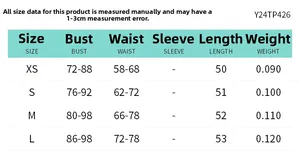 Size chart showing bust and waist measurements for this one-shoulder sleeveless t-shirt