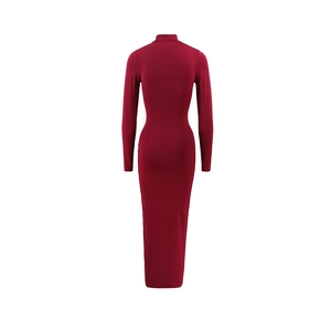 Detail view of deep red slim-fit dress with high neck and sleek back split design